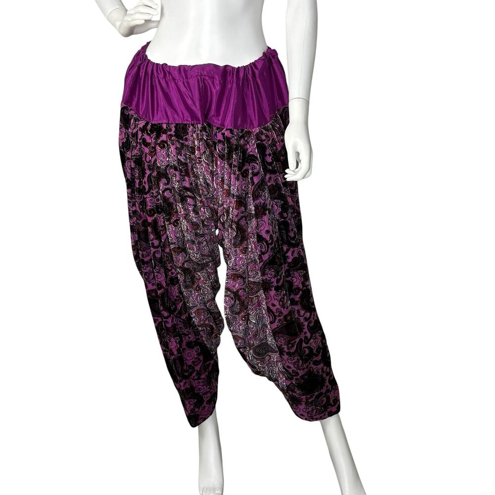Vintage Y2K Harem Pants Burnout Velvet Paisley Fuchsia Belly Dancer Festival OS